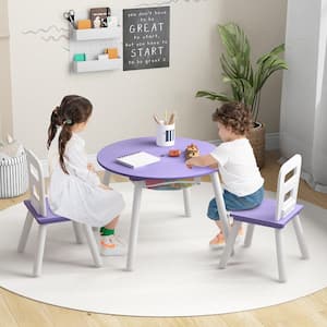 Kids Wooden Purple Round Table and 2 Chair Set with Center Mesh Storage