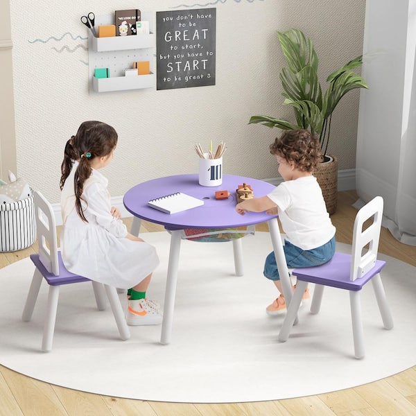 Kids Wooden Purple Round Table and 2 Chair Set with Center Mesh Storage