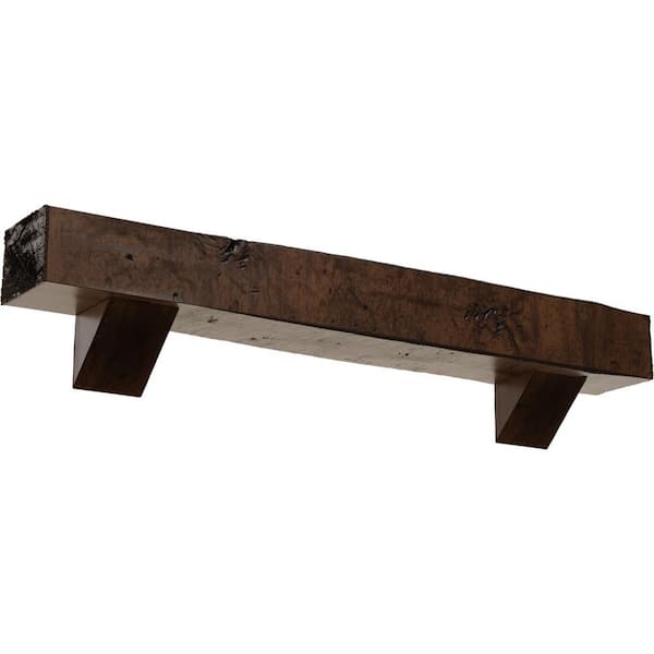 Ekena Millwork 4 in. x 4 in. x 4 ft. Knotty Pine Faux Wood Fireplace Mantel Kit, Breckinridge Corbels, Premium Aged