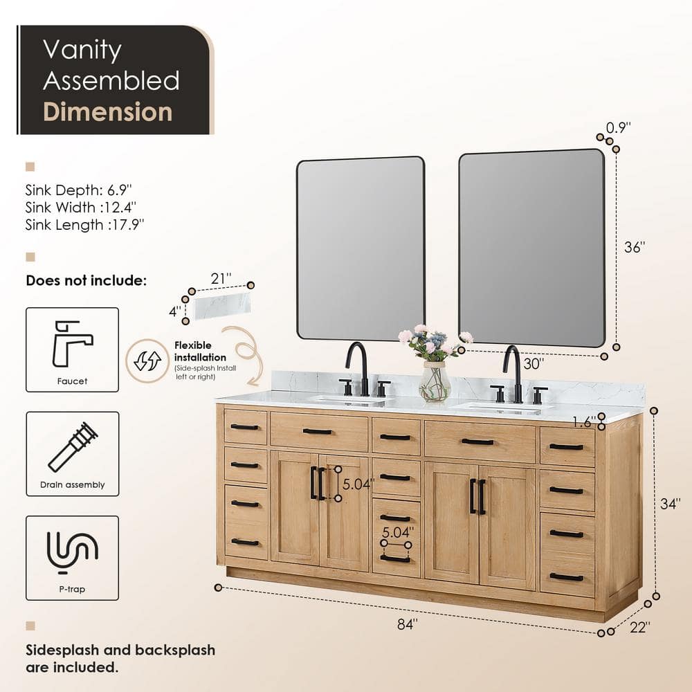 Gavino 84" Light Brown Double Vanity with White Stone Countertop and Mirror