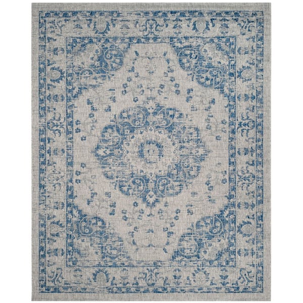 Courtyard 8 ft. x 10 ft. Gray/Navy Traditional Medallion Floral Indoor/Outdoor Area Rug
