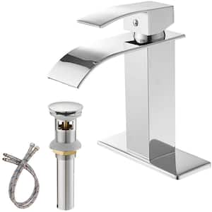 Single Handle Single Hole Bathroom Faucet with Pop-Up Drain Brass Waterfall Bathroom Vanity Taps in Polished Chrome