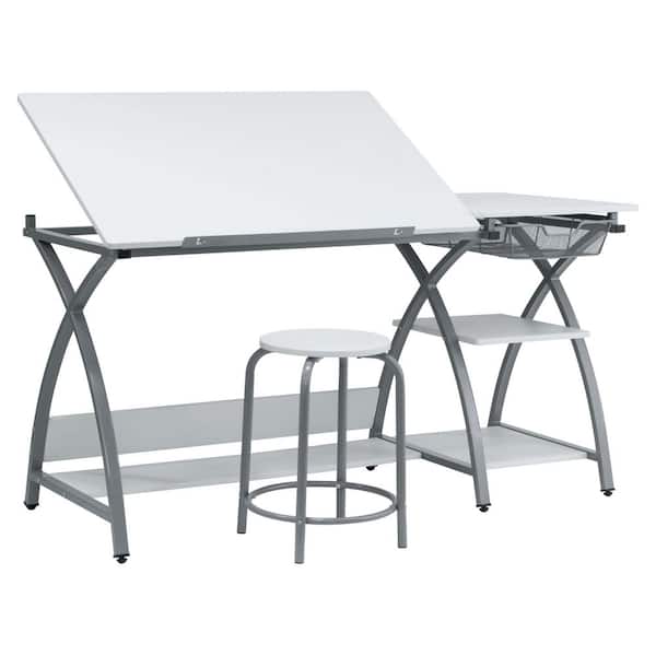 Deluxe 57.5 in. W Craft Station Silver / White Drafting and Art Desk with Adjustable Top, Storage, and Stool
