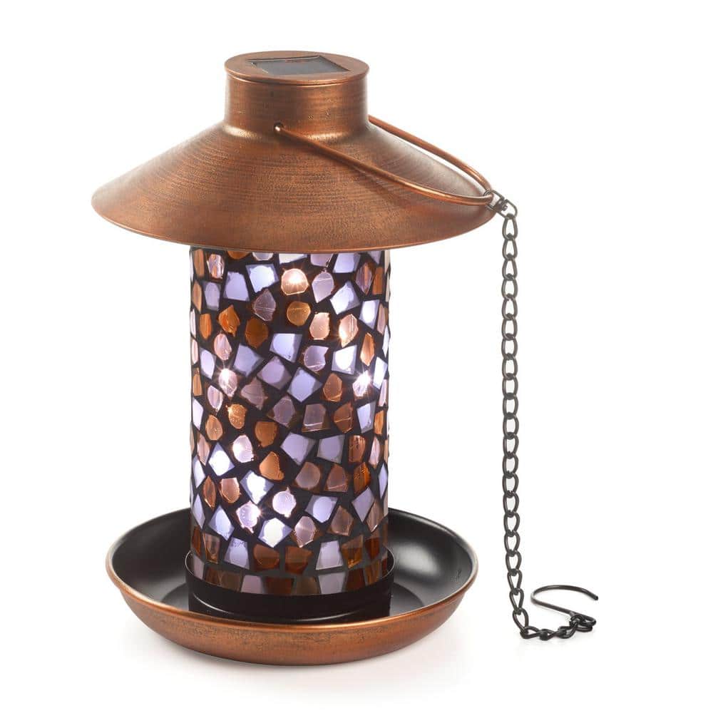 Adelie Mosaic Glass and Copper Hanging Solar Bird Feeder