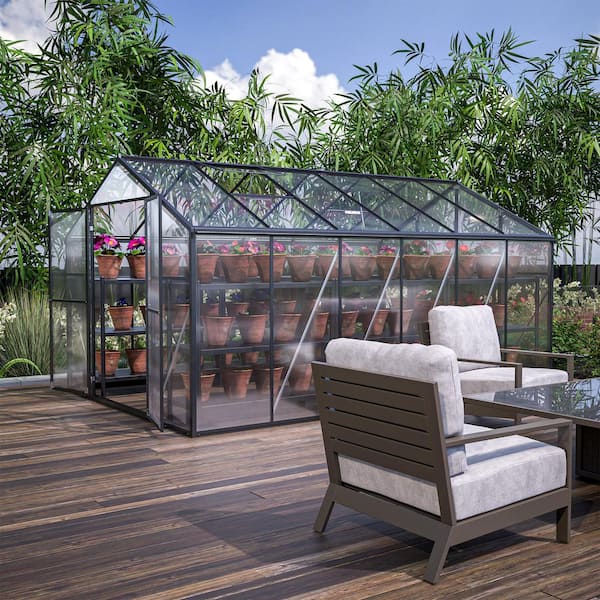 Outdoor 8 ft. x 12 ft. Wall-In Greenhouse Polycarbonate Aluminum Patio Grow House Garden Shed Kit, Black
