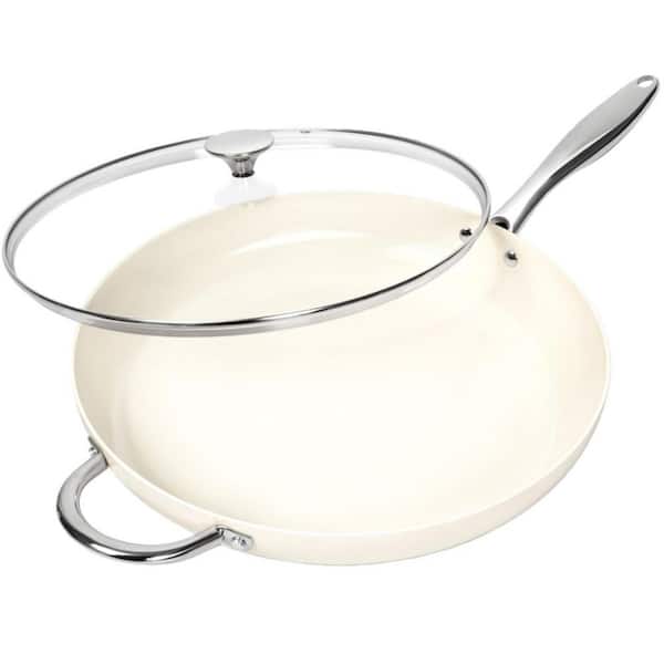 White 14 in. Large Frying Pan with Lid, Ceramic Skillet with Nonstick Coating, Non Stick Fry Pan, Induction Compatible
