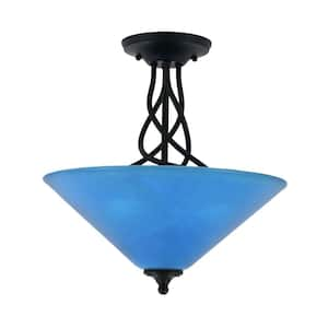 Royale 16 in. 3-Light Matte Black Contemporary Semi-Flush Mount with 16 in. Blue Italian Glass Shade No Bulbs Included