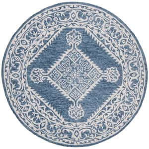 Micro-Loop Blue/Ivory 5 ft. x 5 ft. Round Floral Border Medallion Area Rug