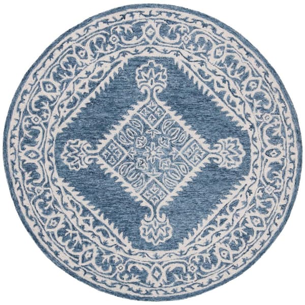 SAFAVIEH Micro-Loop Blue/Ivory 5 ft. x 5 ft. Round Floral Border Medallion Area Rug
