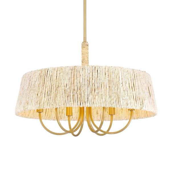 Hellia 60-Watt 6-Light Legacy Brass Drum Pendant Light with a Natural Abaca Rope Shade, No Bulbs Included
