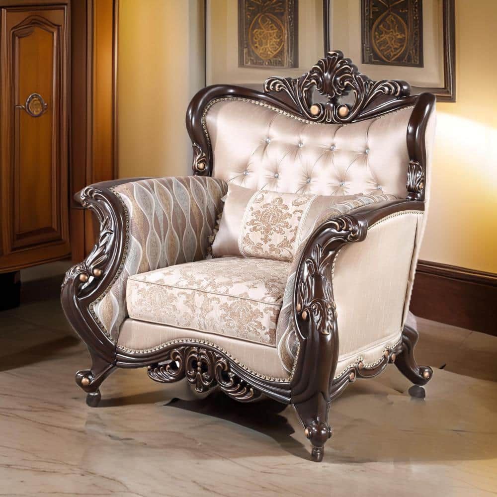 Benjara Cona Brown, Beige and Gold Polyester Side Chair BM316470