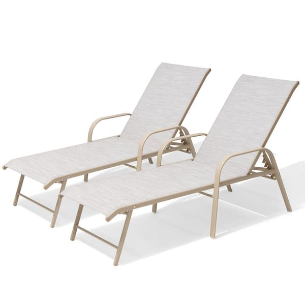 2-Piece Aluminum Adjustable Outdoor Patio Chaise Lounge with Arms and White and Gray and Blue Textilene Fabric