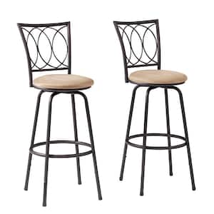 Metal 43 in. Brown Cushioned Adjustable Height Swivel Bar Stool/Counter Stools Curved Pattern Backrest (Set of 2)