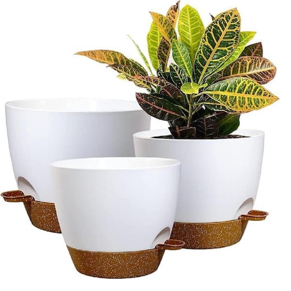 ITOPFOX Garden 10 in. L x 10 in. W x 7.3 in. H White with Brown Plastic Round Indoor Planter (3-Pack)