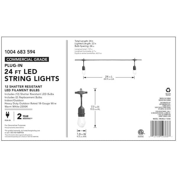 Details about   Hampton Bay 12-Light Indoor/Outdoor 24 ft String Light with S14 Single LED Bulb 