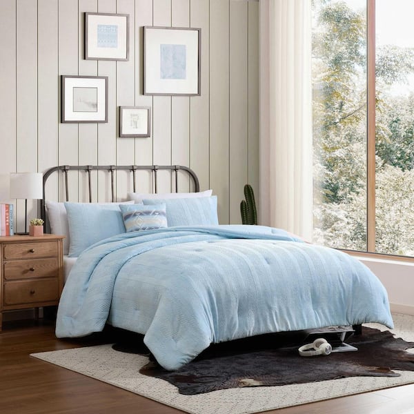 Navajo Diamond Reversible 4-Piece Blue Plush Fleece Full/Queen Comforter Set