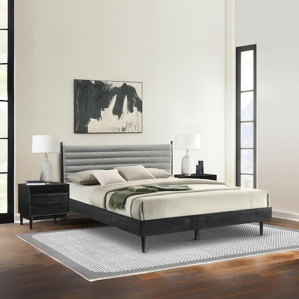 Armen Living Artemio 3-Piece Black Wood King Bedroom Set with Upholstered Headboard