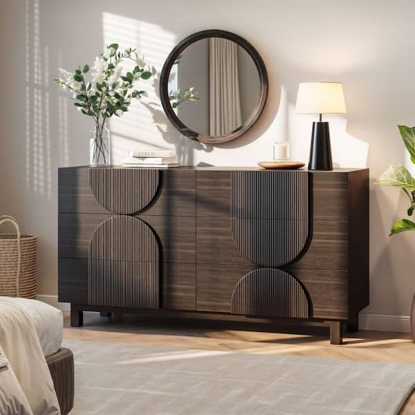 Doreva Modern 32.7 in. H Dark Brown Fluted Accent Storage Cabinet, Bedroom 6 Drawers Dresser, Wooden Chest of Drawers