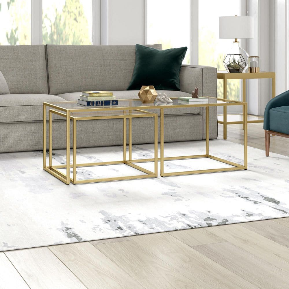 Kennedy Brass Finish Rectangular Nesting Coffee Table with Glass Top