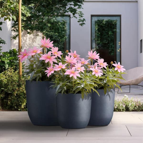 Sapcrete 13.5in., 17in., 20.5in. Dia Granite Gray Large Tall Round Concrete Plant Pot / Planter for Indoor & Outdoor Set of 3