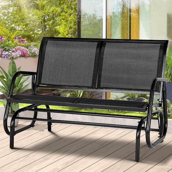 AECOJOY 2-Person Black Metal Outdoor Swing Glider Loveseat Chair with Steel Frame