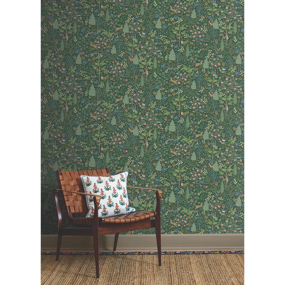 Emerald Green Multicolor Vinyl Peel and Stick Woodland Wallpaper