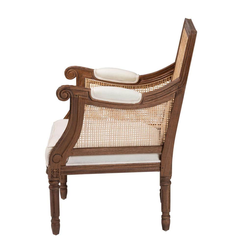 Beige Fabric and Walnut Wood Swoop Arm Accent Chair