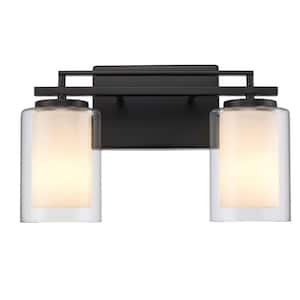 Lisbon 14.25 in. 2-Light Black Bathroom Vanity Light Fixture with Clear Glass Outer and Opal Glass Inner Shades