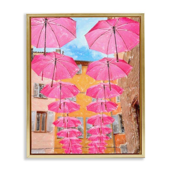 Stupell Industries Pink Umbrellas in Town by Graffi Tee Studios Gold Floater Frame Architecture Graphic Art Print 21 in. x 17 in.