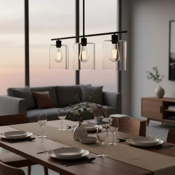 3-Light Matte Black Modern Kitchen Island Light fixtures,Linear Chandelier Pendant Hanging Light with Clear Glass Shade