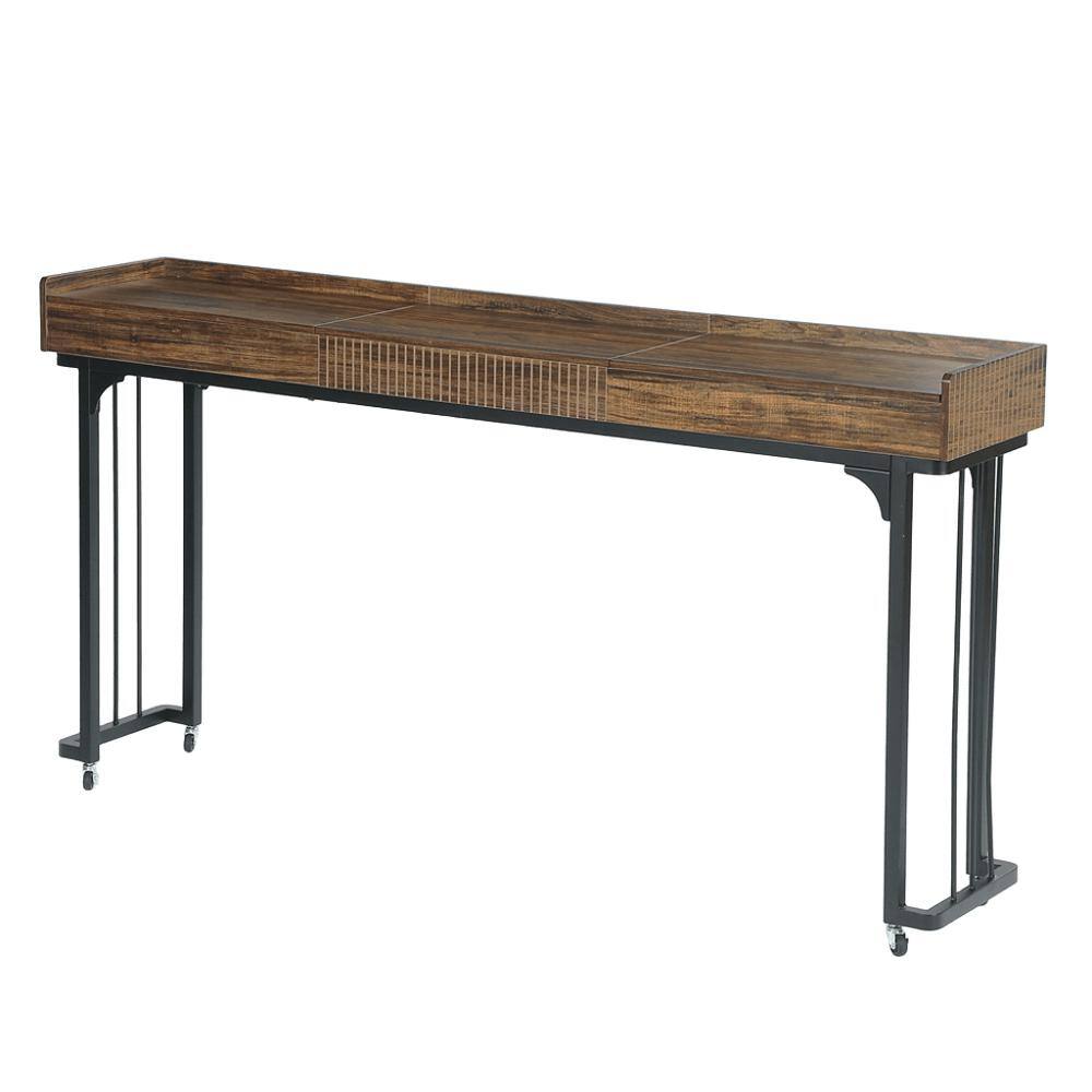 Halseey 70.7 in. Rectangular Brown Wood Overbed Table Computer Desk with Wheels Storage, Over Bed Makeup Table w/ Mirror