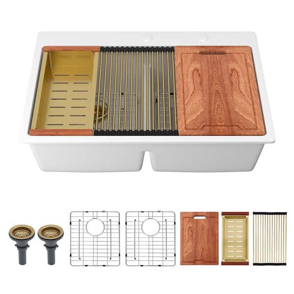 33 in. Drop-In Double Bowl White Quartz Kitchen Sink with Cutting Board/Bottom Grid/Colander/Gold Baskets Strainers