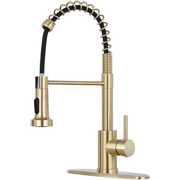 Single Handle 17.3 in. H Pull Down Sprayer Kitchen Faucet 360° Spout Swivel with Pull Out Spray in Brushed Gold