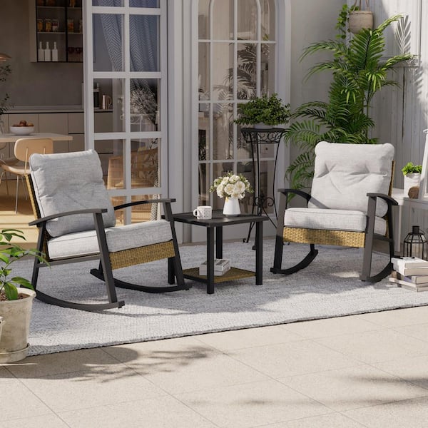 Outdoor Rocking Bistro Set Patio Porch Furniture Patio Chairs (Set of 2) w/Side Table and Linen Gray Cushions (3-Piece)