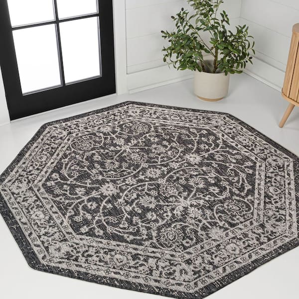 Palazzo Vine and Border Textured Weave Black/Gray 5 ft. Octagon Indoor/Outdoor Area Rug
