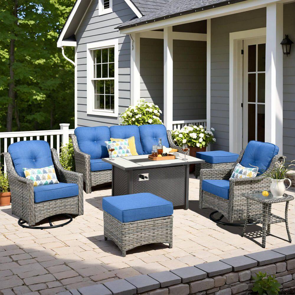 Verona 7-Piece Wicker Outdoor Patio Fire Pit Furniture Conversation Sofa Set with Swivel Chairs and Sky Blue Cushions price history on PriceWatchPro