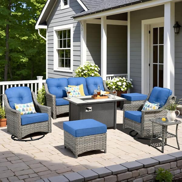 HOOOWOOO Verona 7-Piece Wicker Outdoor Patio Fire Pit Furniture Conversation Sofa Set with Swivel Chairs and Sky Blue Cushions