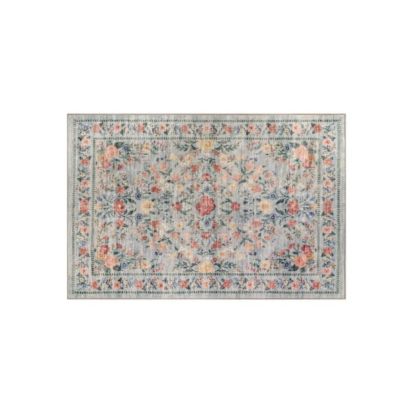 Floral Garden Coastal Blue Machine Washable Non-Slip Backing 2 ft. x 4 ft. Blue Area Rug