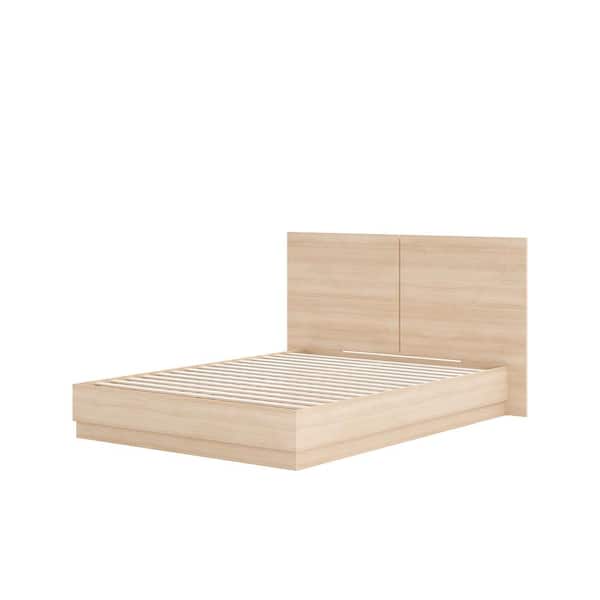 Milano Beige Oak Frame Queen Size Platform Bed with Headboard