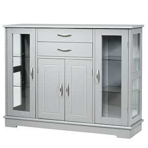 Gray Buffet Server Storage Cabinet with Glass Doors and Double Drawers