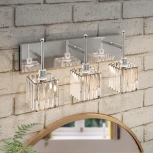 18.4 in. 3-Light Modern Silver Bathroom Vanity Light with Cube Crystal Shades