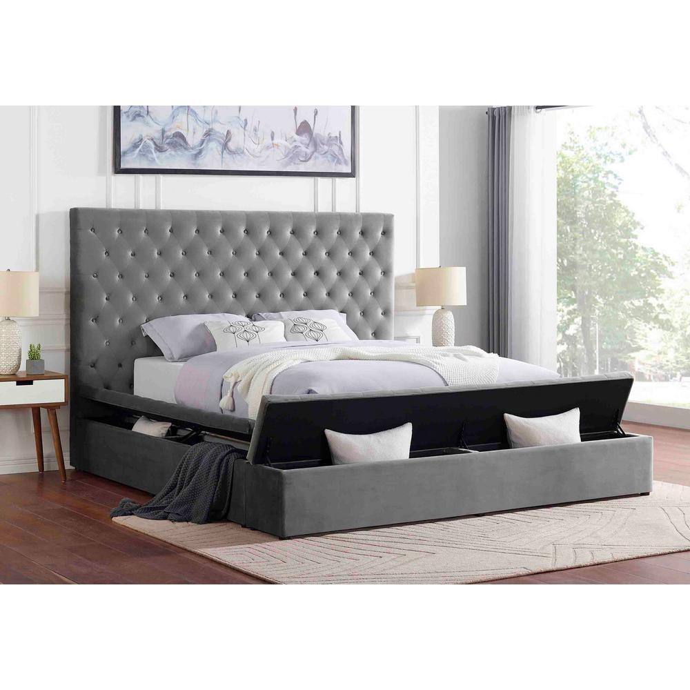 Gray Velvet Upholstered King Bed with Storage and Tufted Headboard