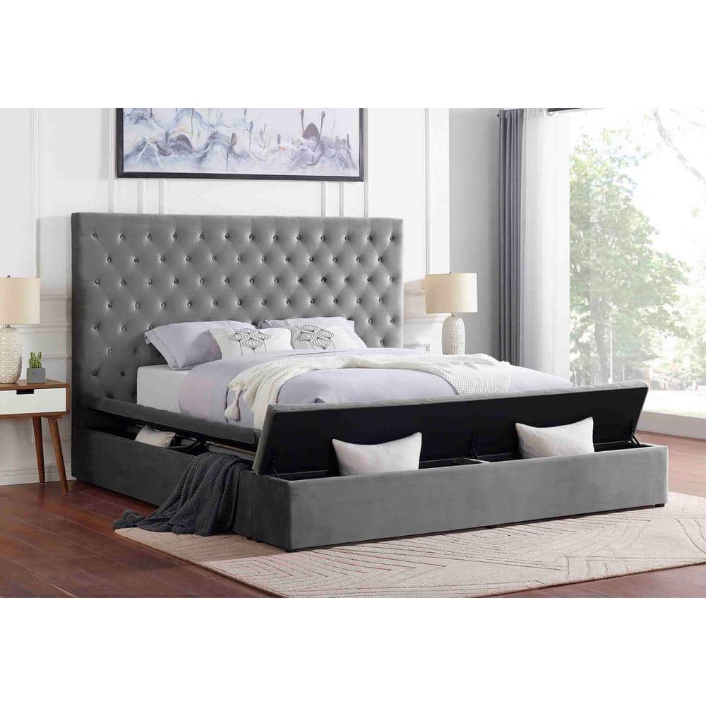 Cierra Velvet Upholstered Queen Platform Bed with Storage in Gray