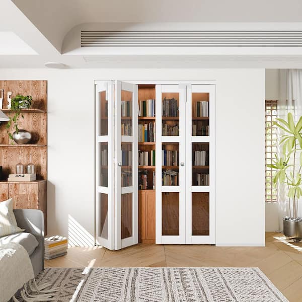 60 in. x 80 in. 3-Lite Clear Glass Solid Core White PVC Covering MDF Bi-fold Door with Door Lock and Handle