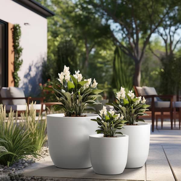 Sapcrete 13.5 in. 17 in. 20.5 in. Dia Crisp White Extra Large Tall Round Concrete Plant Pot/ Planter Indoor and Outdoor Set of 3