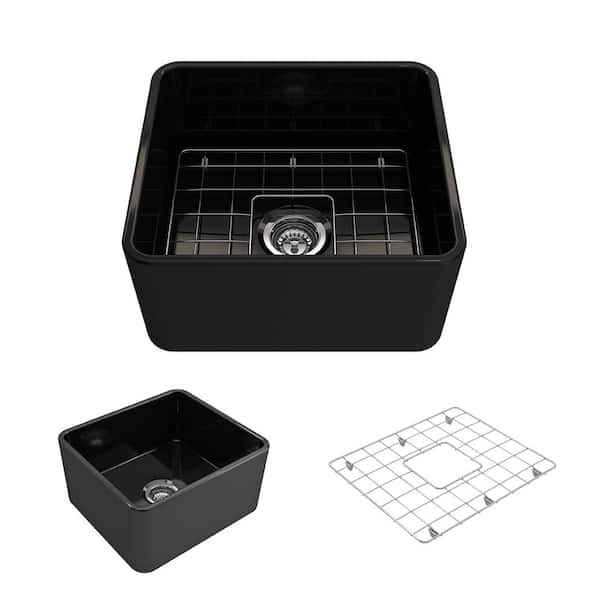 BOCCHI Classico Farmhouse Apron Front Fireclay 20 in. Single Bowl Kitchen Sink with Bottom Grid and Strainer in Black