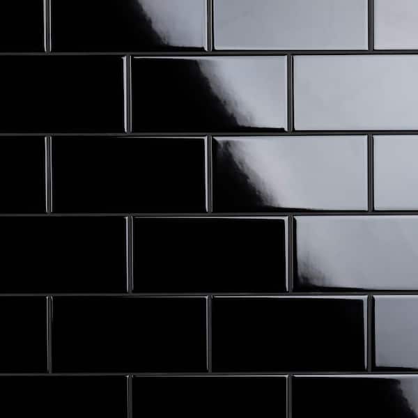 Merola Tile Crown Heights Glossy Black 3 in. x 6 in. Ceramic Wall Take Home Tile Sample
