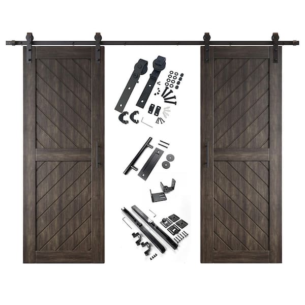 XT4 30 in. x 80 in. C-Panel Ebony Slanted Stripe Design Double Pine Wood Sliding Barn Door with Hardware Kit
