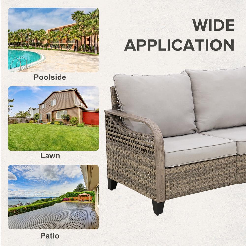 Outdoor Beige Wicker and Steel Three-Seat Sectional Sofa with Gray Cushions