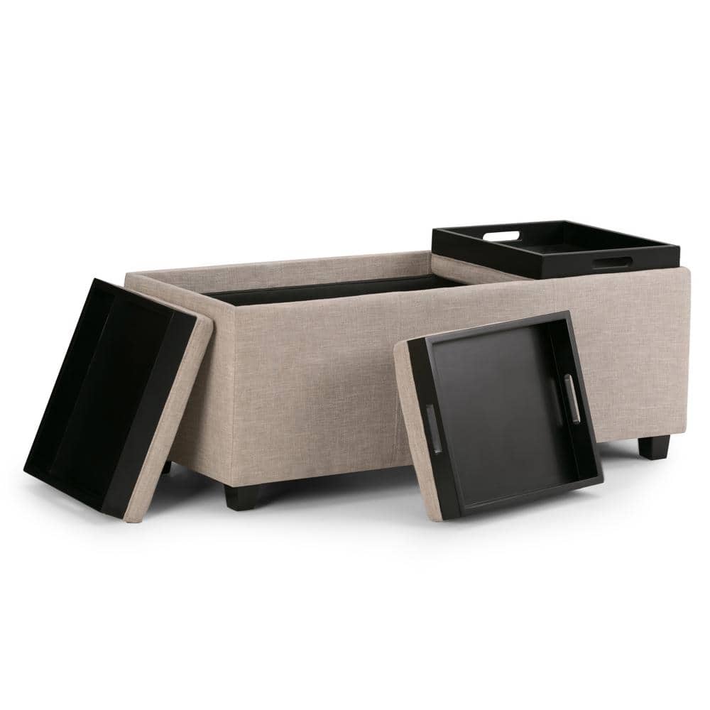 Avalon Natural Linen Look Large Storage Ottoman with Serving Trays
